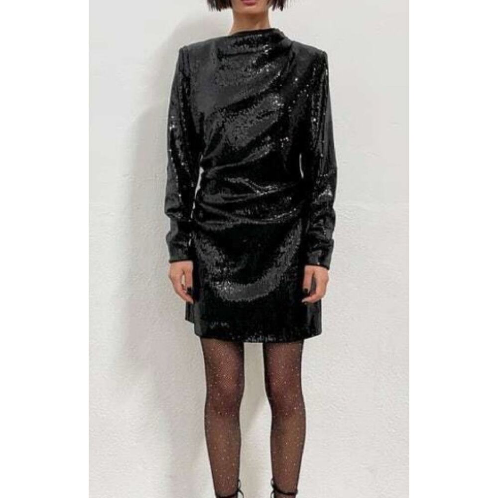 Zara Sequin Shoulder Pad Draped Mini Black Dress Long Sleeve Holiday New Year XS